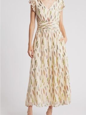 Cream Printed V-Neck Maxi Dress with Twist Waist
